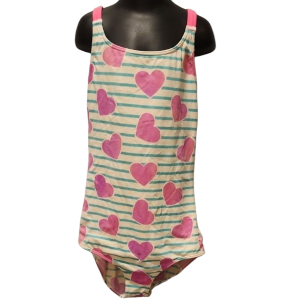 Mini Boden Girls White With Blue Stripes And Pink Hearts One Piece Swimsuit